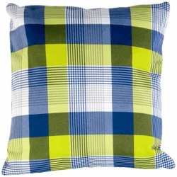 Poduszka dekoracyjna na sofę, w kolorze zielono-niebieskim z kraciastym wzorem.