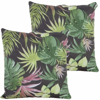 Zestaw jaśków dekoracyjnych na kanapę, liściasty wzór tropikalny, dominująca zieleń i czerń.