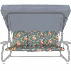 Poduszka ogrodowa 180cm, na ławkę, w kwiatowy wzór. Kolorystyka szara z motywem różowych i żółtych kwiatów.
