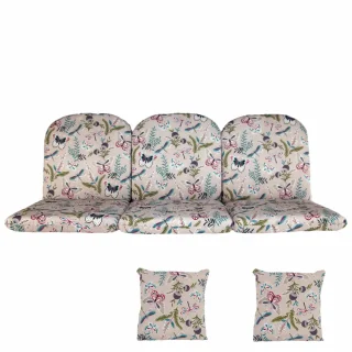 Poduszki ogrodowe 180cm na huśtawkę z jaśkami, motylkowy wzór. Komplet poduszek w pastelowych kolorach na kwiatowym tle.