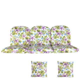 Poduszki ogrodowe 180cm na ławkę z jaśkami, wzór kwiatowy w odcieniach fioletu i zieleni.