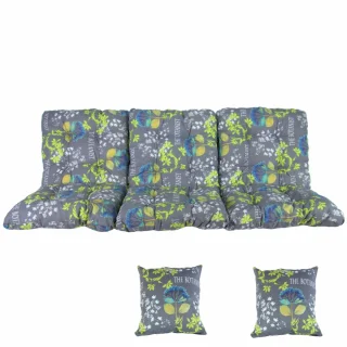 Poduszki ogrodowe 150cm na huśtawkę, komplet z jaśkami, szare z kolorowym wzorem roślinnym.