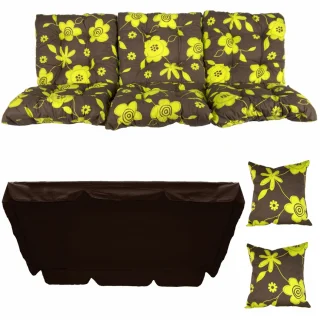 Poduszka na ławkę ogrodową 150 cm, z jaśkami i daszkiem. Brązowy materiał z żółtymi kwiatami.