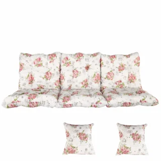 Poduszka ogrodowa 180cm na ławkę z jaśkami, w kwiatowy wzór na białym tle. Idealna do ogrodu lub na taras.