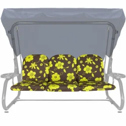 Poduszki ogrodowe na huśtawkę ze wzorem kwiatowym. Kolor brązowy z żółtymi kwiatami.