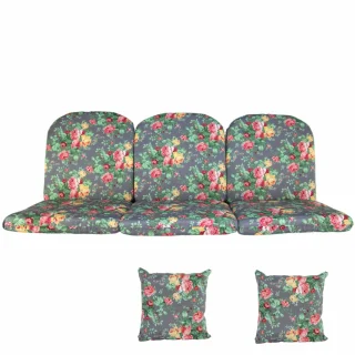 Poduszki ogrodowe na ławkę 150cm, w kwiatowy wzór, szare z jaśkami. Idealne na taras lub do ogrodu.