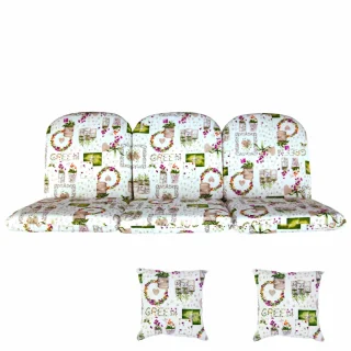 Poduszki ogrodowe 180cm na ławkę do ogrodu z jaśkami, wzór kwiatowy. Pełen komplet w jasnej kolorystyce.