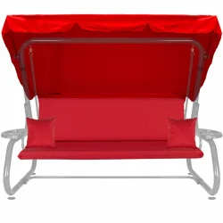 Czerwona poduszka na huśtawkę ogrodową z daszkiem, z poduszkami ozdobnymi. Idealna na taras.