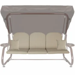 Huśtawka ogrodowa z beżową poduszką i jaśkami, przeznaczona na taras.