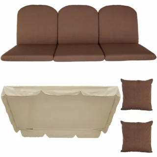 Poduszki ogrodowe 180cm na ławkę z dwoma jaśkami i daszkiem, brązowy kolor, beżowy daszek.