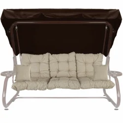 Poduszki ogrodowe na huśtawkę, rozmiar 180 cm. Beżowa poduszka z jaśkami i daszkiem.