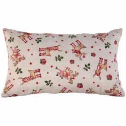 Jasiek świąteczny na sofę z motywem reniferów i prezentów, w odcieniach czerwieni i zieleni na beżowym tle. Idealny pod choinkę.