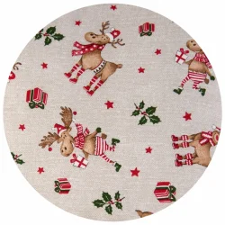 Poduszka świąteczna z reniferami na kanapę. Kremowy tło z kolorowymi wzorami.