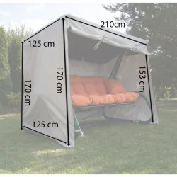 Pokrowiec na huśtawkę ogrodową, na całą huśtawkę, w kolorze szarym. Widoczne wymiary pokrowca.