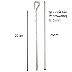 Stalowa szpilka do mocowania pokrowca na huśtawkę ogrodową. Wykonany z żebrowanej stali, długość 26 cm.