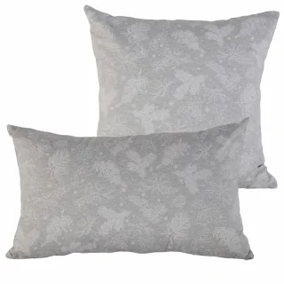 Zestaw jaśków dekoracyjnych na kanapę z szarym wzorem świątecznym przedstawiającym gałązki. Idealne do salonu.