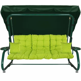Huśtawka ogrodowa zielona, przeznaczona do ogrodu. Pełny zestaw z limonkowymi poduszkami i daszkiem zielonym.