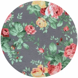 Poduszka ogrodowa z kwiatowym wzorem, okrągła, w odcieniach szarości z różowymi i żółtymi kwiatami. Idealna do użytku na zewnątrz.
