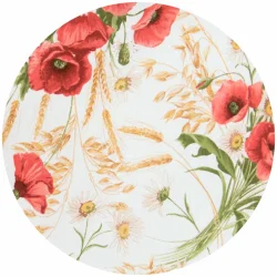 Tkanina z wzorem polnych kwiatów i kłosów zboża, dominujący kolor czerwony i zielony.