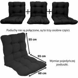 Zestaw trzech poduszek na huśtawkę ogrodową. Każda poduszka o wymiarach 55x55x60 cm.