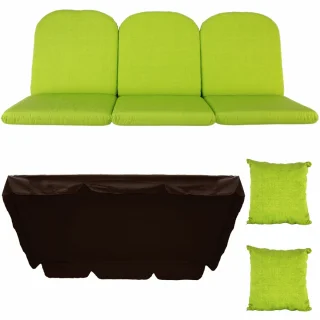 Poduszki ogrodowe 180cm na huśtawkę, w kolorze limonkowym  z brązowym daszkiem. Zestaw obejmuje poduszkę z jaśkami i daszkiem.