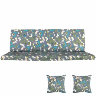 Poduszka ogrodowa 150cm na huśtawkę z jaśkami, wzór kwiatowy, kolor niebiesko-zielony.
