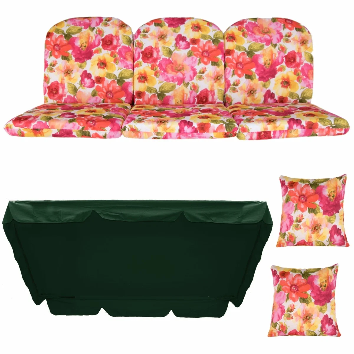 Poduchy ogrodowe 180cm na huśtawkę. Komplet z jaśkami i zielonym daszkiem. Wzór kwiatowy, kolorowe.