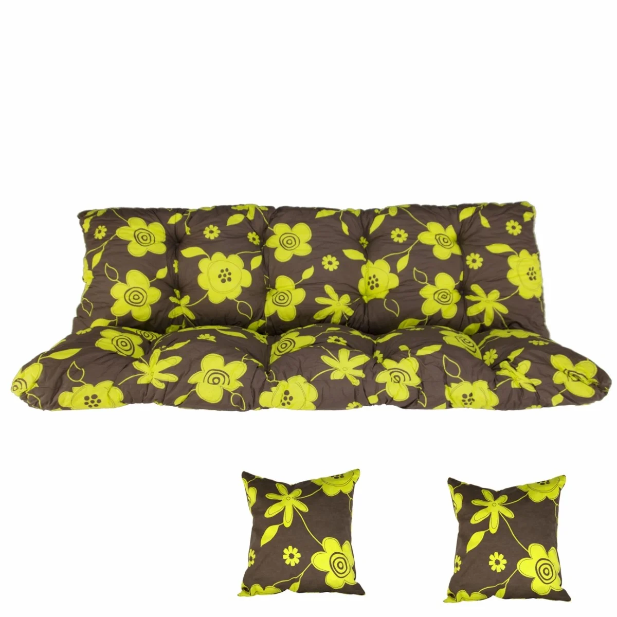 Poduszka ogrodowa 150cm z jaśkami, na ławkę lub huśtawkę, w brązowym kolorze z żółtym kwiatowym wzorem.