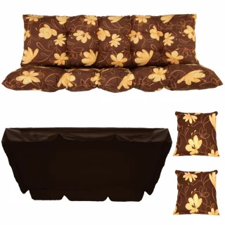 Poduszki ogrodowe 150cm na huśtawkę z daszkiem i jaśkami, brązowe z kwiatowym wzorem.