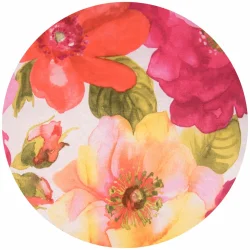 Poduszka okrągła z kwiatowym wzorem w odcieniach różu, pomarańczu i zieleni. Idealna na taras lub do ogrodu.