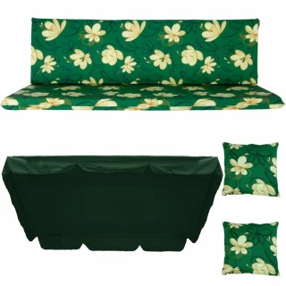 Poduszki ogrodowe 150cm na huśtawkę, zielone z kwiatowym wzorem. Zestaw z dwiema jaśkami i daszkiem.