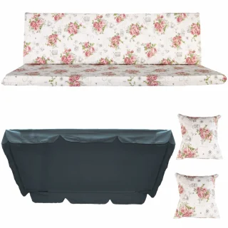 Poduszka ogrodowa 150cm na ławkę z jaśkami i daszkiem, motyw kwiatowy na białym tle. Idealna do ogrodu lub na taras.