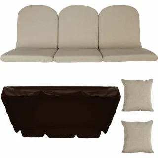 Poduszki ogrodowe 150cm na huśtawkę, zestaw z daszkiem. Beżowe poduszki z oparciem i jasnymi jaśkami.