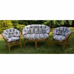 Zestaw poduszek na komplet ratanowy do ogrodu, 2 fotele i 1 sofa z szarym wzorem w kratkę.