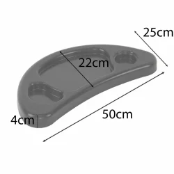 Plastikowa półka do huśtawki ogrodowej w kolorze szarym z miejscem na napoje. Wymiary: 50 cm x 25 cm x 4 cm.