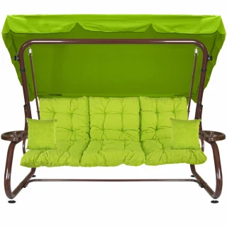 Huśtawka ogrodowa do ogrodu, zielona, z poduszkami i daszkiem, cała huśtawka widoczna.