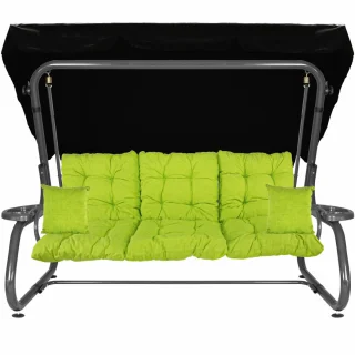 Metalowa huśtawka ogrodowa z poduszkami w jasnym zielonym kolorze, przeznaczona do użytku na zewnątrz.