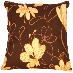 Poduszka do salonu w pojedynczym egzemplarzu, brązowa z żółtymi kwiatami. Idealna na kanapę lub sofę.