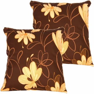 Zestaw jaśków dekoracyjnych na kanapę. Brązowe z żółtym kwiatowym wzorem.