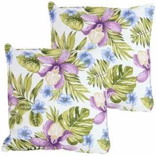 Zestaw jaśków dekoracyjnych na kanapę z motywem kwiatowym w kolorach fioletowym, zielonym i niebieskim.