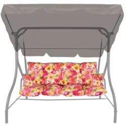 Poduszki na huśtawkę, w kwiatowy wzór, do ogrodu. Kompletna poduszka z jaśkami, dominują kolory różowy i żółty.