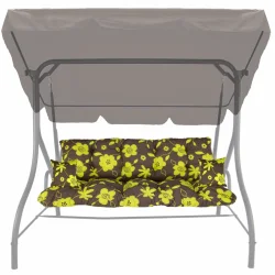 Poduszki ogrodowe na huśtawkę z jasnym kwiatowym wzorem na brązowym tle. Komplet składa się z poduszek.