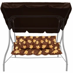 Poduszki ogrodowe na huśtawkę, brązowe w żółte kwiaty, komplet z daszkiem. Idealne do ogrodu.