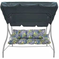 Poduszki na huśtawkę ogrodową z jaśkami i daszkiem, wzór kwiatowy. Kolor szary z zielonymi akcentami, przeznaczone do ogrodu.