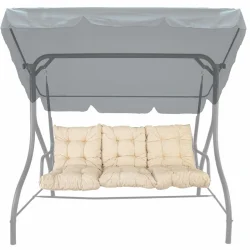 Poduszki na huśtawkę, beżowe, z daszkiem, do ogrodu. Komplet z trzema miejscami siedzącymi.
