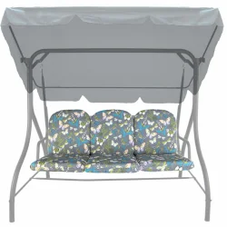 Poduszki ogrodowe na huśtawkę, wzór motyle, komplet trzech poduszek. Kolorowe motyle na szarym tle.