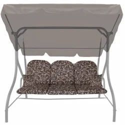 Poduszka na huśtawkę ogrodową z jaśkami, wzór brązowy z beżowymi zawijasami.