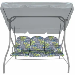 Poduszki ogrodowe na huśtawkę, wzór kwiatowy i napisy, kolor szary z zielenią i niebieskimi akcentami.