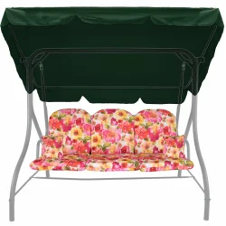 Poduszki ogrodowe 150cm na huśtawkę, w kwiatowe wzory, z zielonym daszkiem.