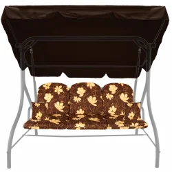 Poduszka ogrodowa na huśtawkę z jaśkami i daszkiem, brązowa w żółte kwiaty.
